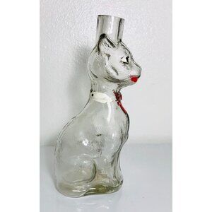1933 Vintage Molded Art Glass Clear Cat Decanter Hand Painted Bottle 9.5" Tall